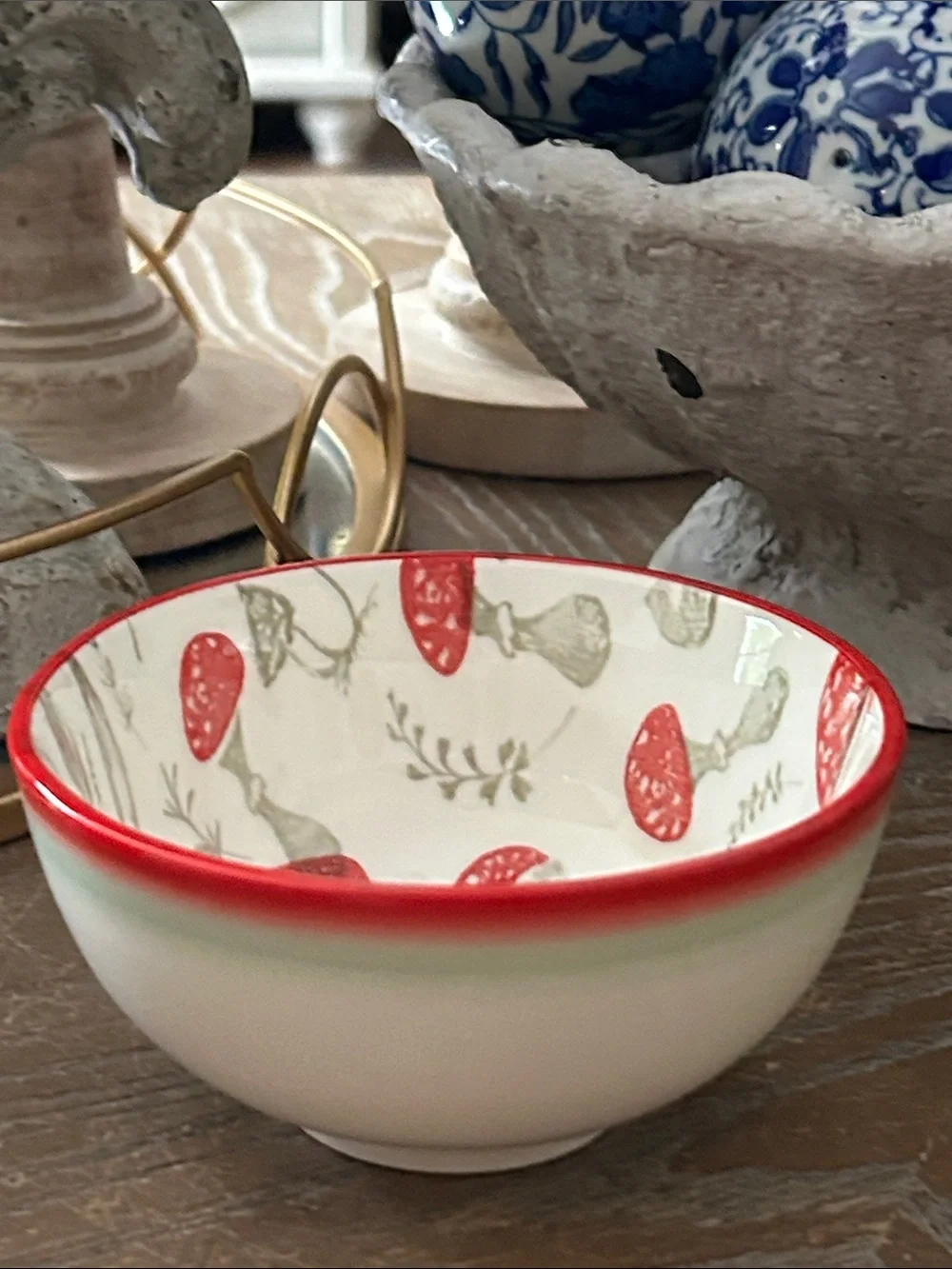 NEW! Vintage Inspired Botanical Garden Wild Red Mushroom Ceramic Bowl